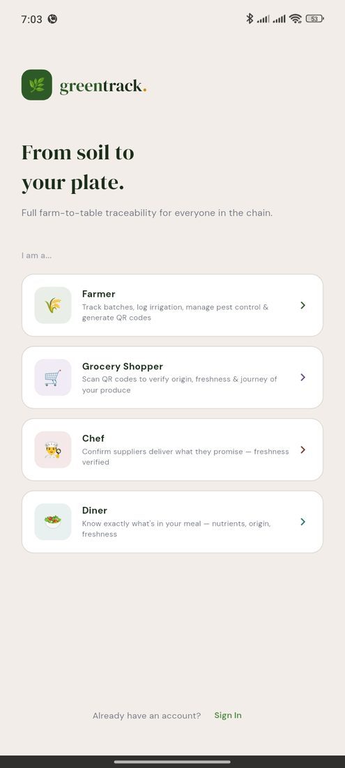GreenTrack role menu — Farmer, Grocery Shopper, Chef, Diner