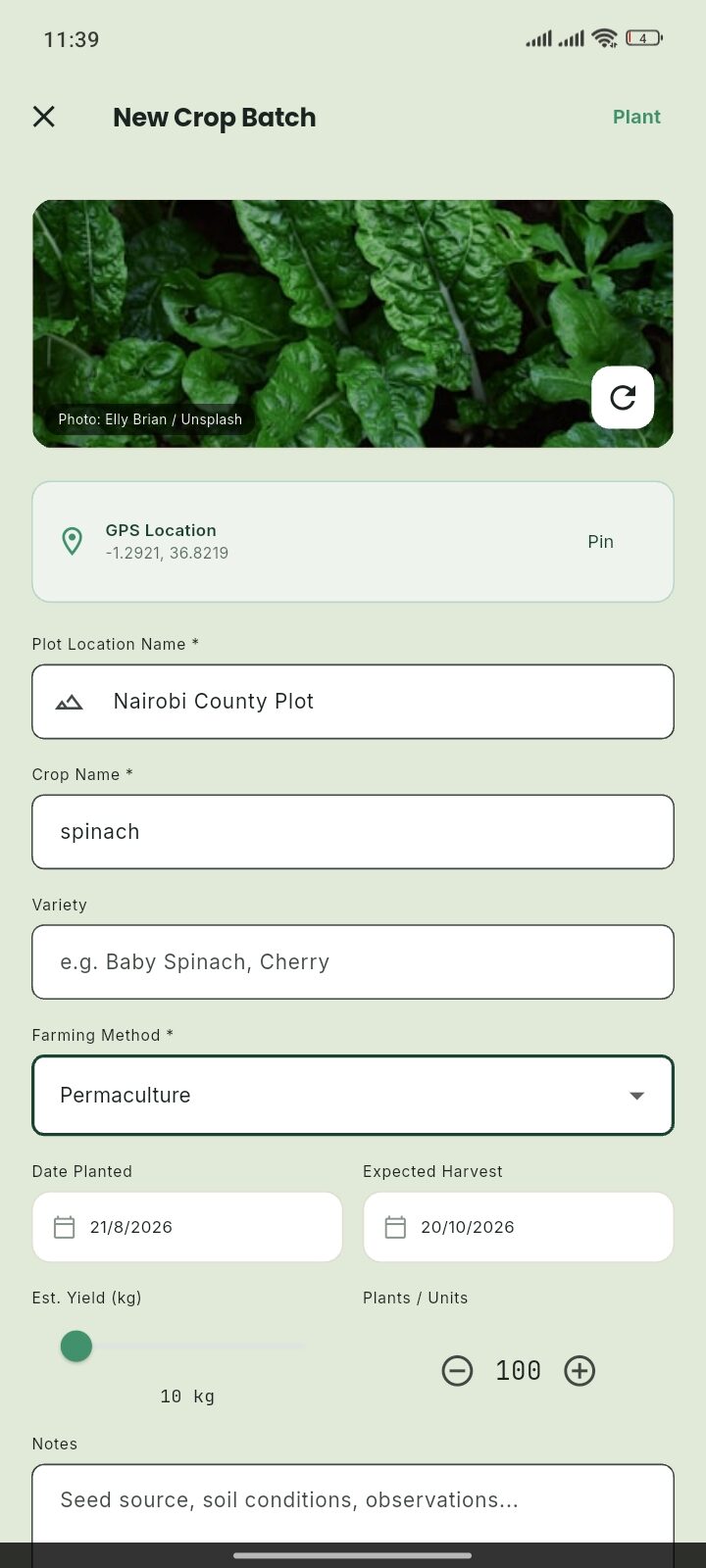 GreenTrack new crop batch screen, spinach