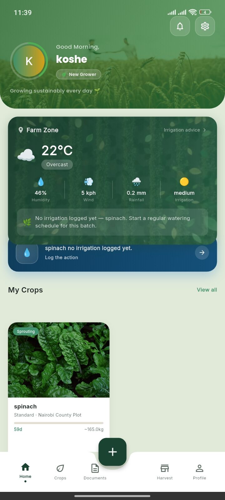 GreenTrack home dashboard showing a spinach crop