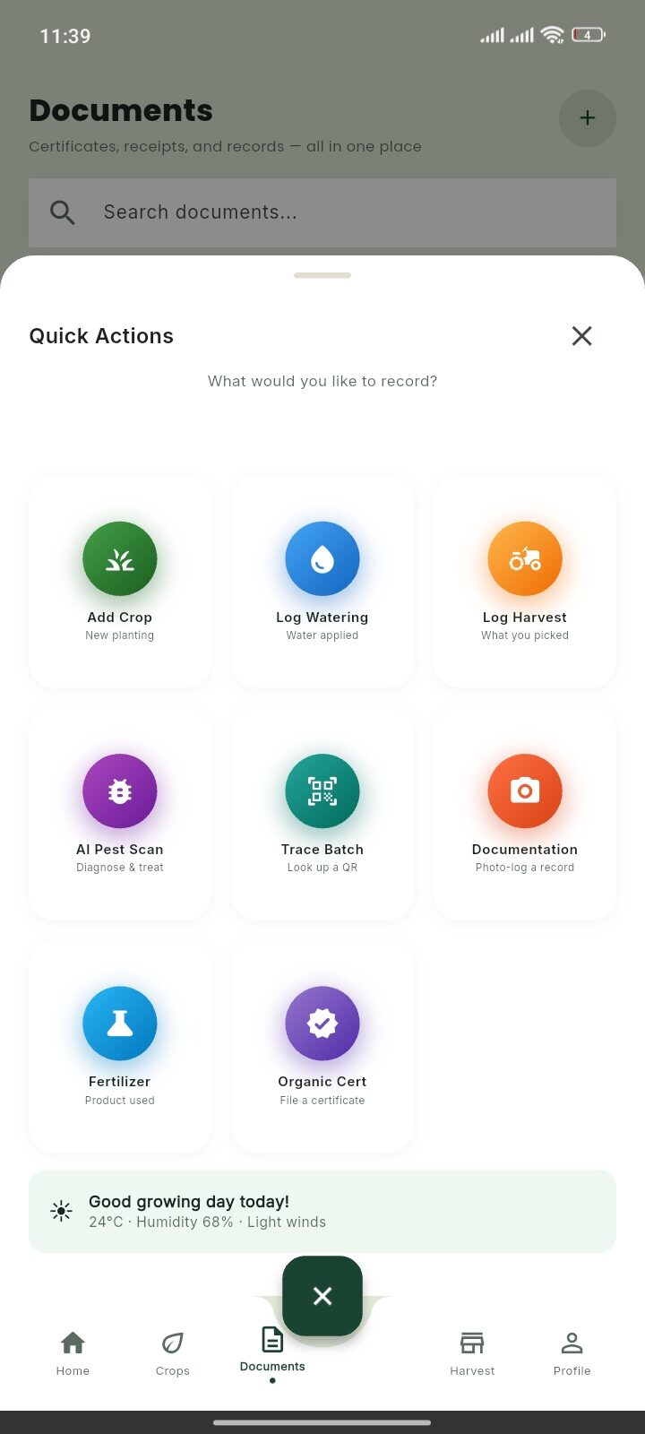 GreenTrack quick actions screen with AI pest scan